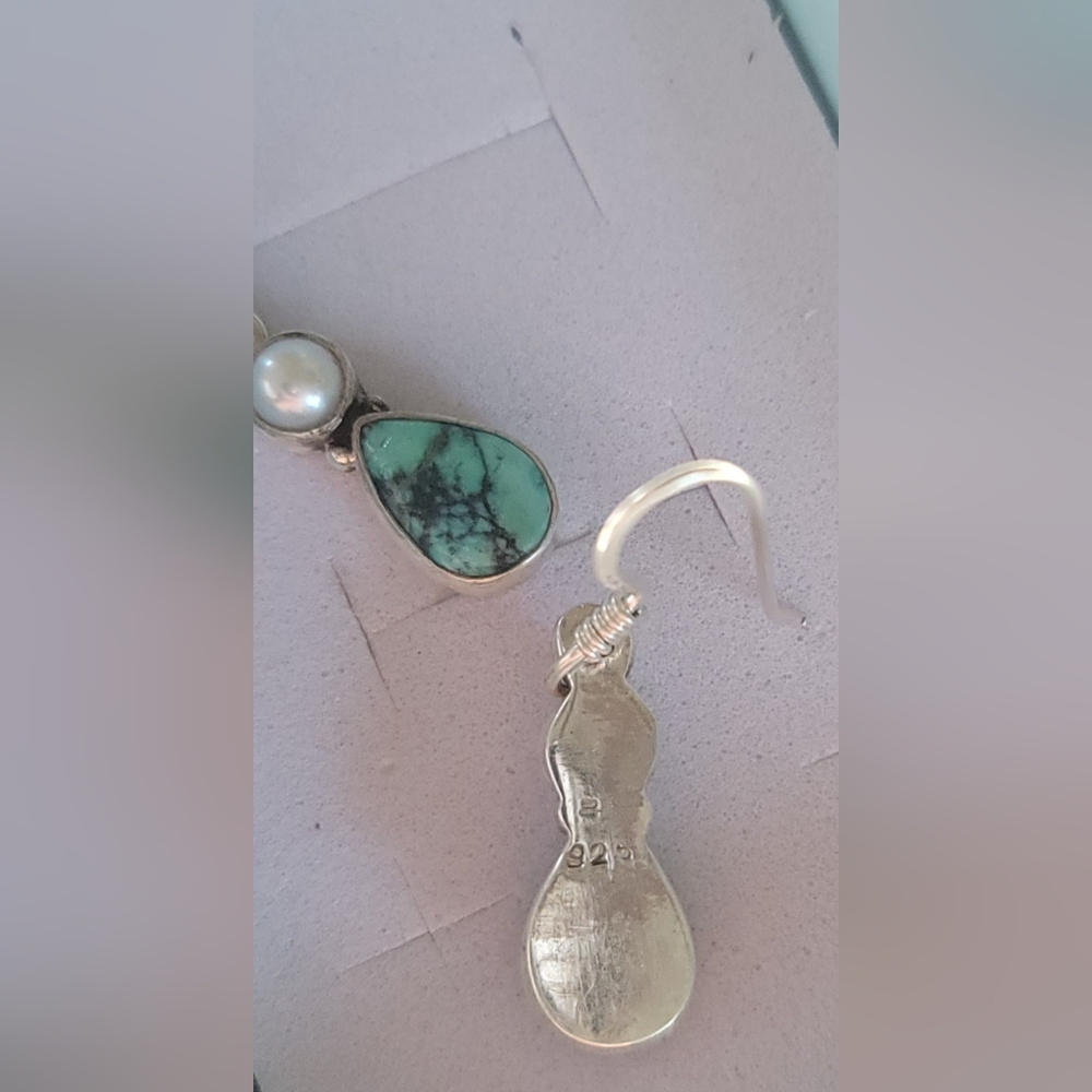 .925 Real Turquoise and Pearl Hook Dangle Earrings - Picture 3 of 3